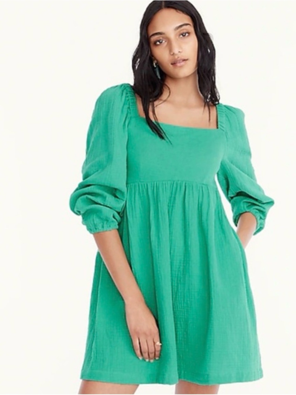 J. Crew Emerald Green Square-Neck Puff-Sleeve Mini Dress